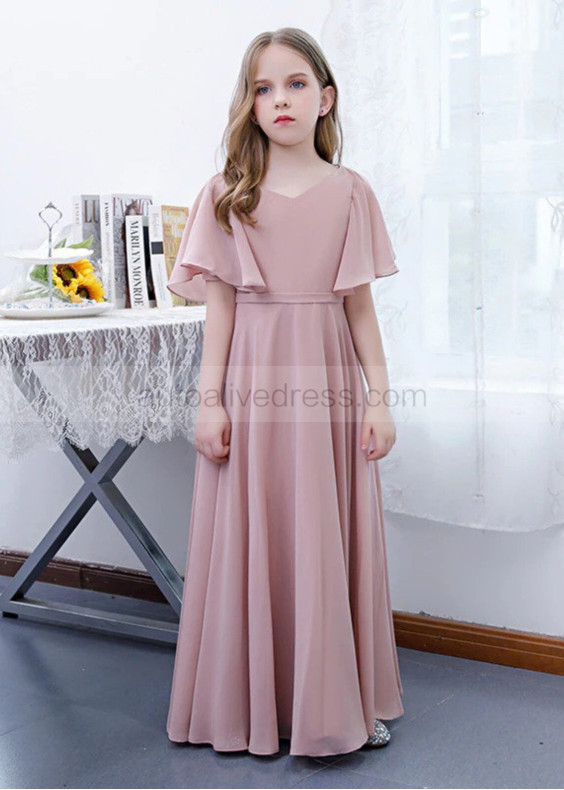 V Neck Dusky Pink Chiffon Maxi Flower Girl Dress